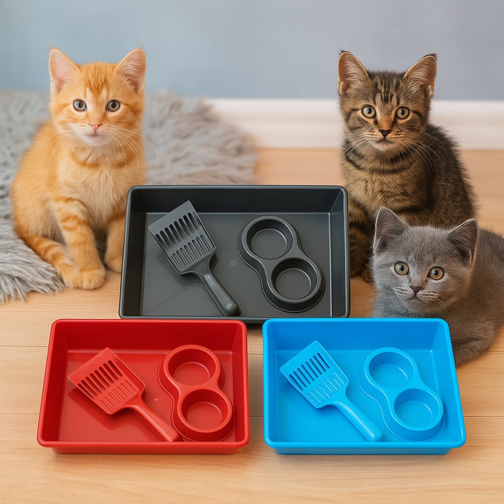 Kit Caixa de Areia para Gatos Bandeja Comedouro Duplo e Pá Higiênica 3 em 1
