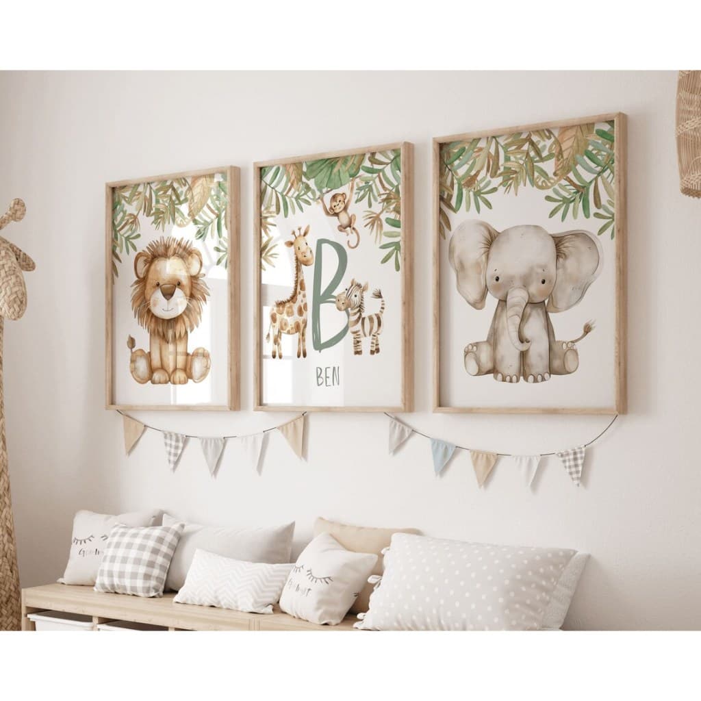 Kit 3 Quadros Animais Safari Personalizado com Nome Infantil com Moldura Menino Quarto Menino Bebê