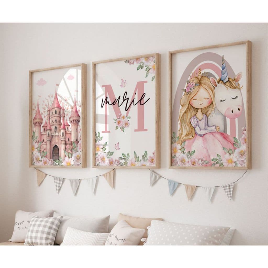 Kit 3 Quadros Castelo Unicórnio Flores Rosa Personalizado com Moldura Menina Quarto Bebê