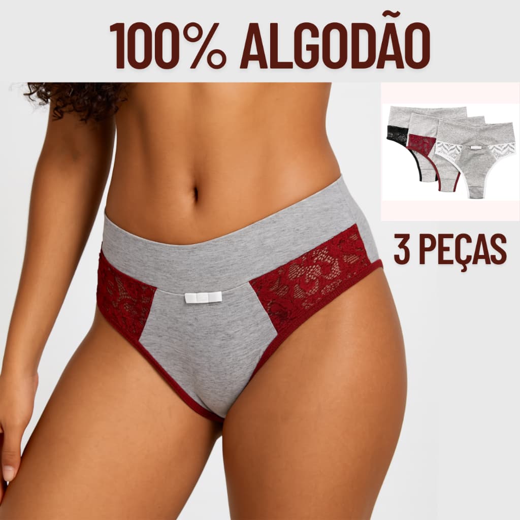 Kit 3 Calcinhas de Algodão e Renda Cintura Alta Cós Alto