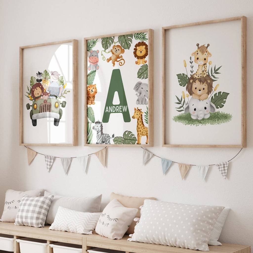 Kit com 3 Quadros Animais Safari Personalizado com Nome Bebê Quarto Bebê