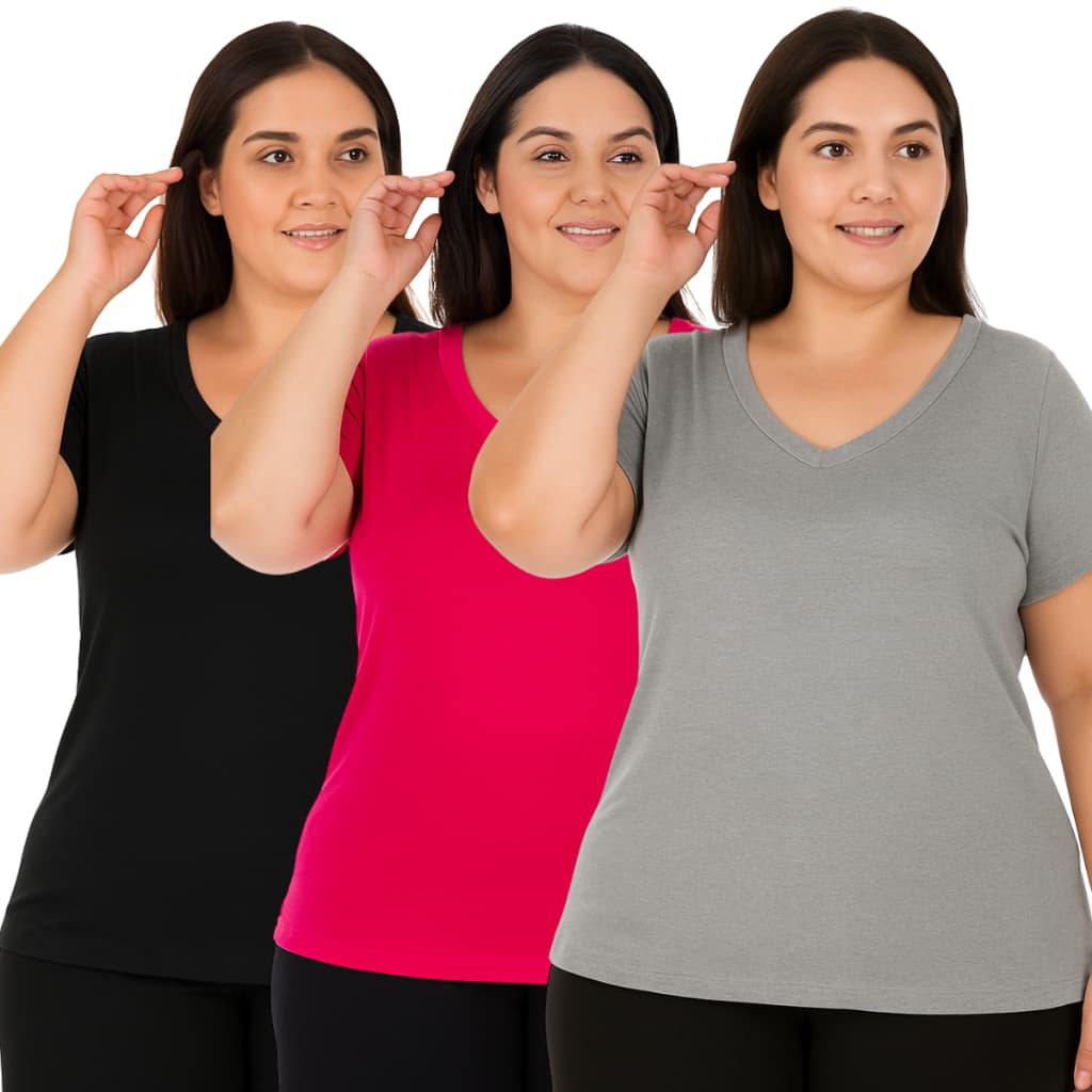 Blusa T Shirt Plus Size G1 ao G3 Preta Rosa e CInza Gola V Soltinha Leve Fitness Academia Blusinha Viscolycra Básica