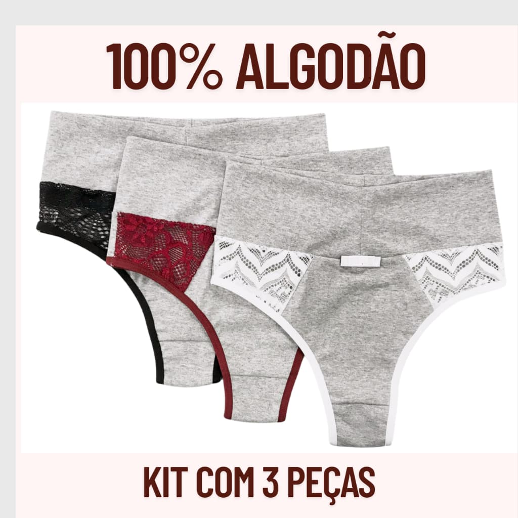 Kit 3 Calcinhas de algodão e renda Cintura Alta Cós Alto
