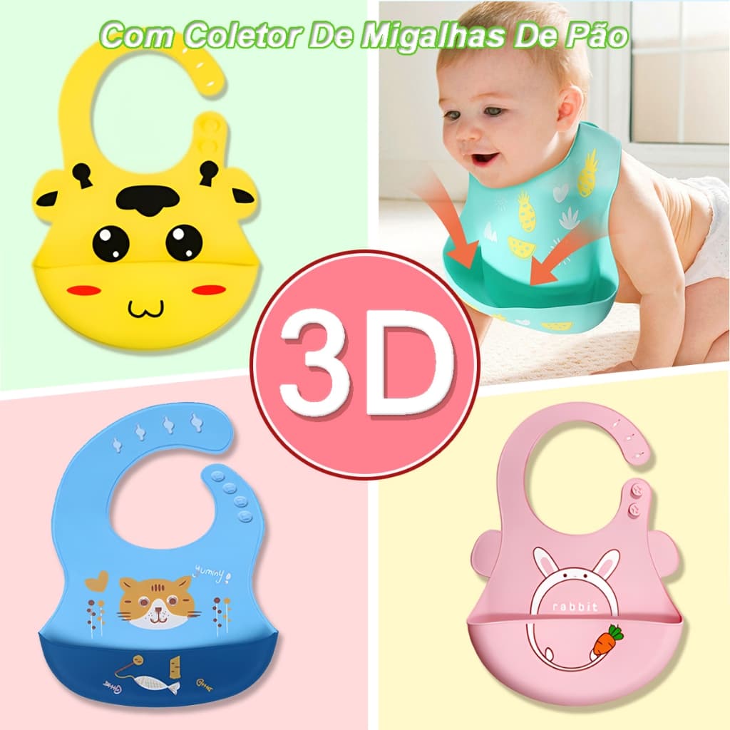 Kit Babador Infantil Silicone Com Coletor De Migalhas De Pão 1 a 4 Anos Alimentação Bebê 1-4 Peças