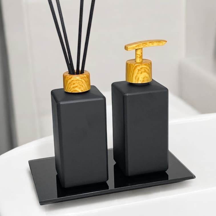 Kit Lavabo Banheiro Preto Luxo Difusor e Saboneteira Com Bandeja e Varetas