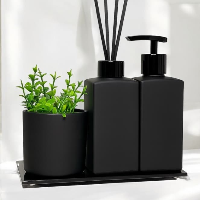 Kit Lavabo Luxo Preto Fosco Com Bandeja e Vasinho Difusor Saboneteira Para Banheiro