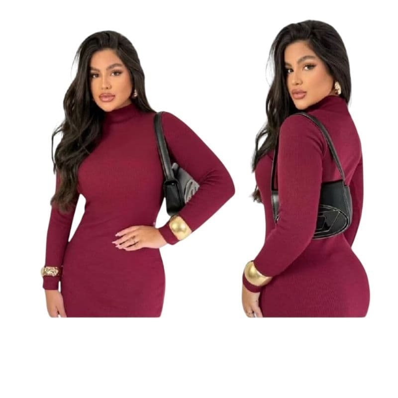 vestido canelado manga longa gola alta