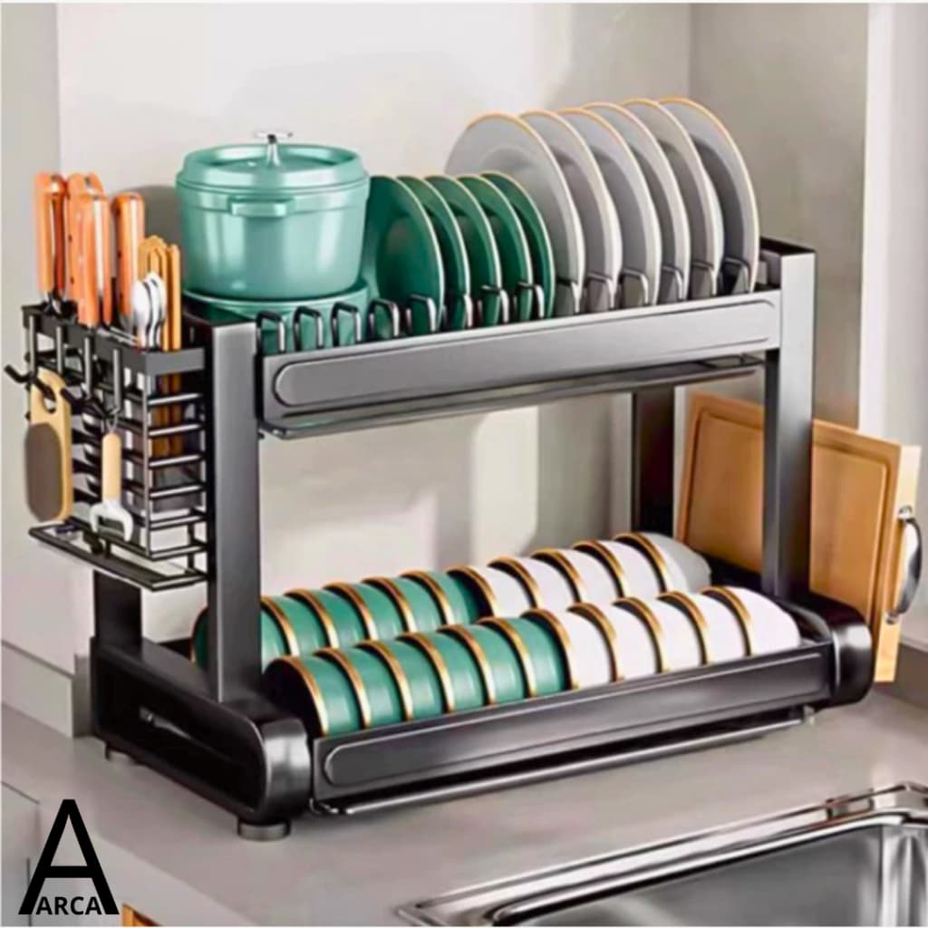 Escorredor de Louças Preto Aço Inoxidável Rack Duplo Organizador de Talheres e Pratos Super Luxo