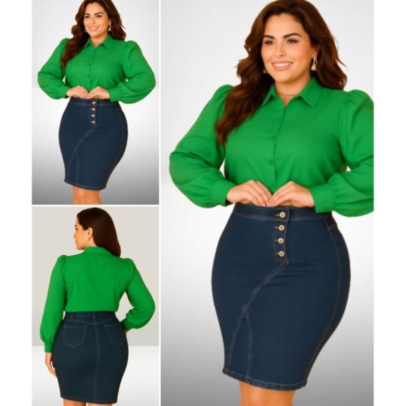 saia Plus size jeans feminina Cintura Alta Botões Premium Laycra Moda Plus Size até 56