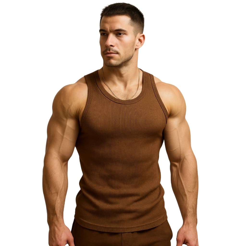 Regata Masculina Americana Ribana Canelada Slim Justa ao Corpo Marrom