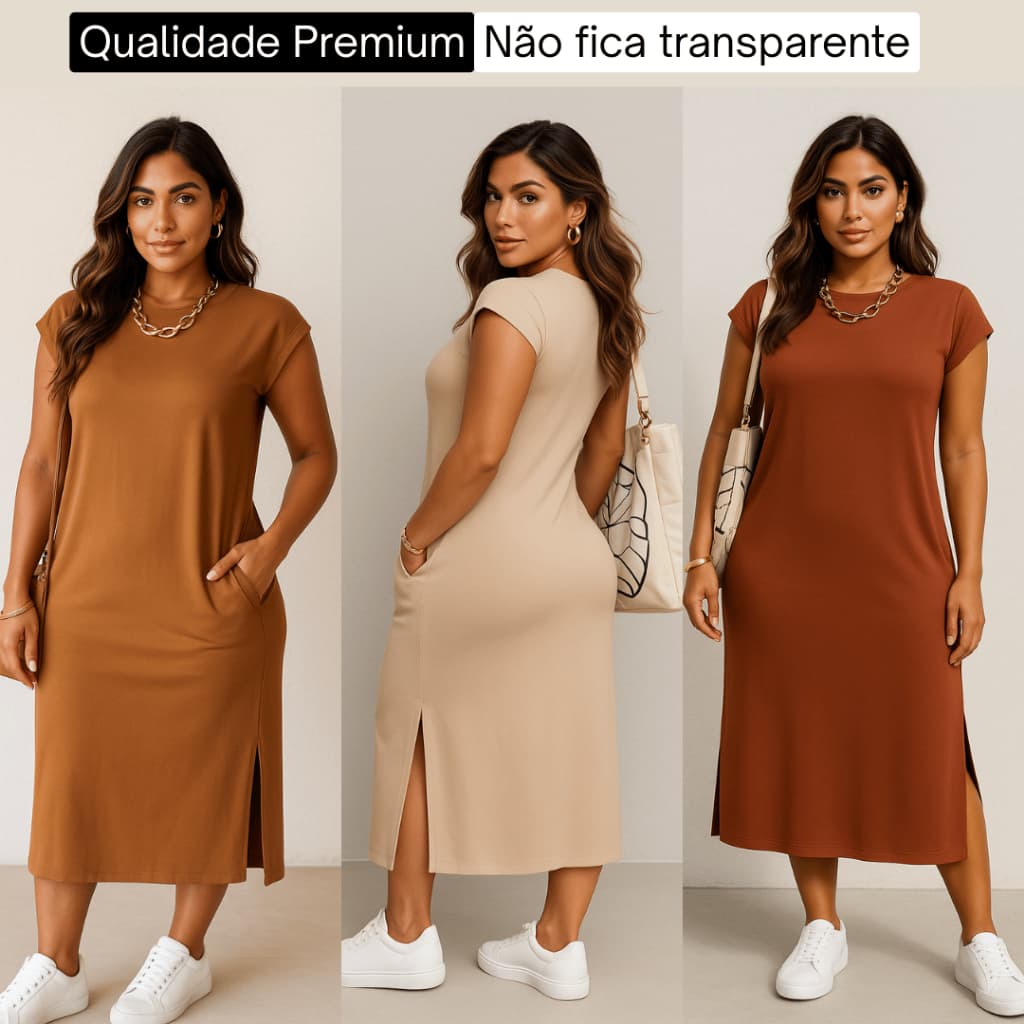 Loja do Brás Vestido  Midi em moletinho com fendas e bolsos elegante e confortável