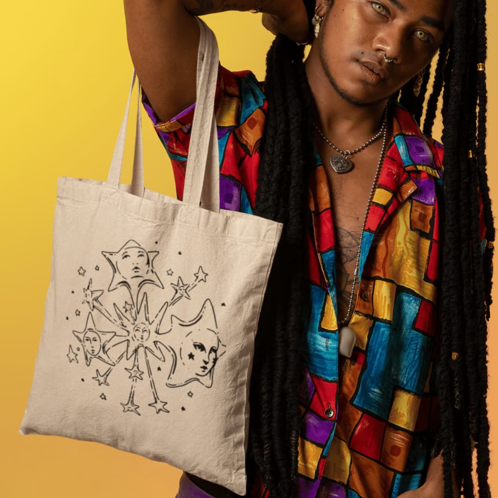 Bolsa Ecobag Estampada Y2k Astral Faces Sacola Ecológica Em Algodão Cru