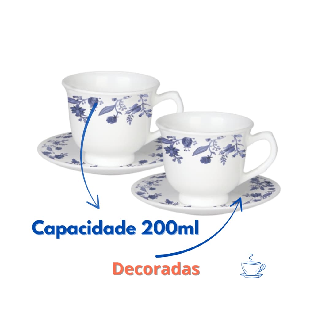 Conjunto 06 Xícaras Pires Decorado Louças Opaline Casa Cozinha Decoração Café Chá Chocolat