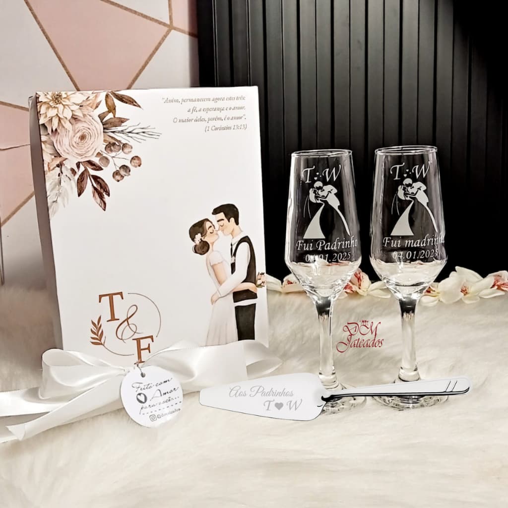 Kit Luxo de Caixa + 2 Taças Buffet Champanhe + Espátula - Personalizados / Dm jateados