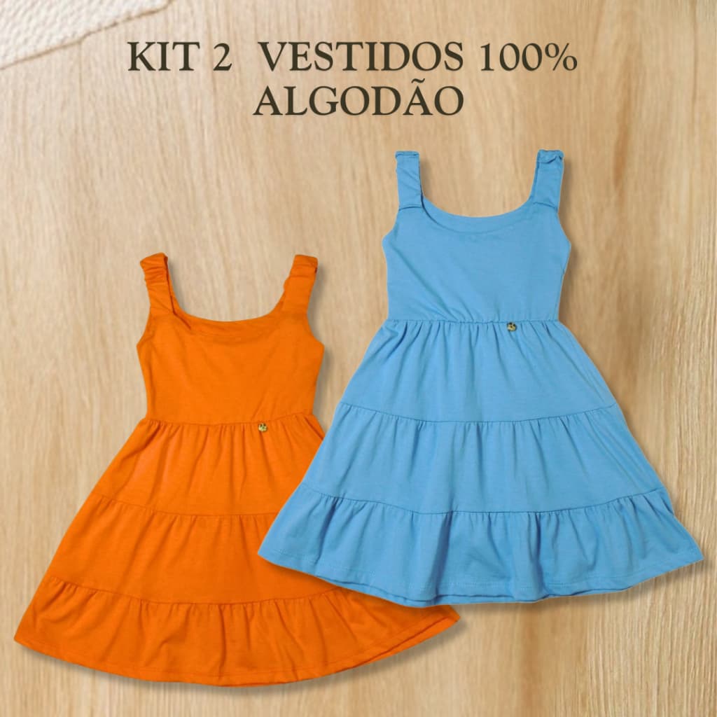 Kit 2 Vestidos Infantil Três Marias 100% Algodão Liso com Alça Franzida e Pingente - Elegância e Conforto em Cores Varia
