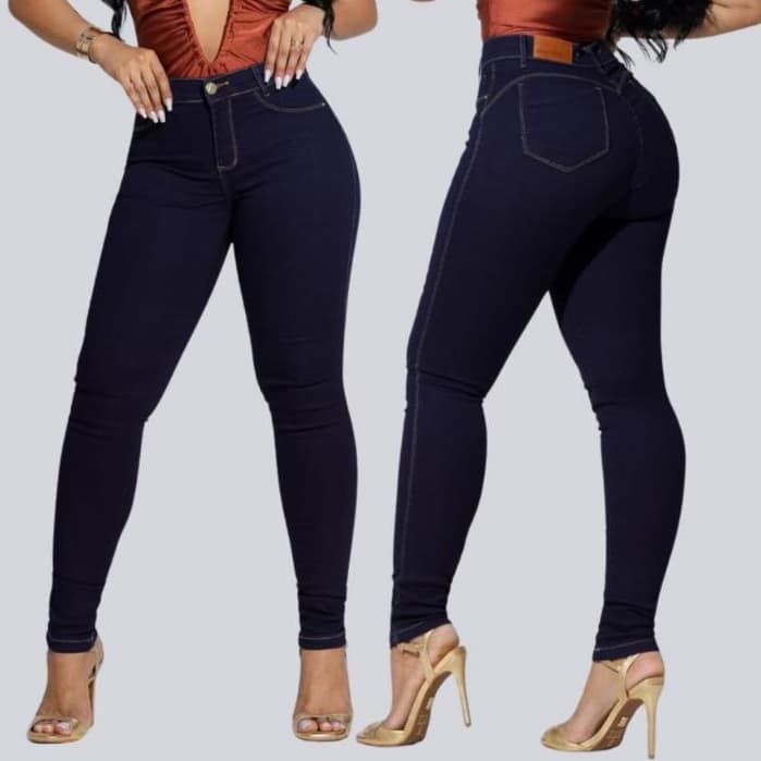 Calça Jeans Feminina Empina Bumbum Azul Escuro Cintura Alta