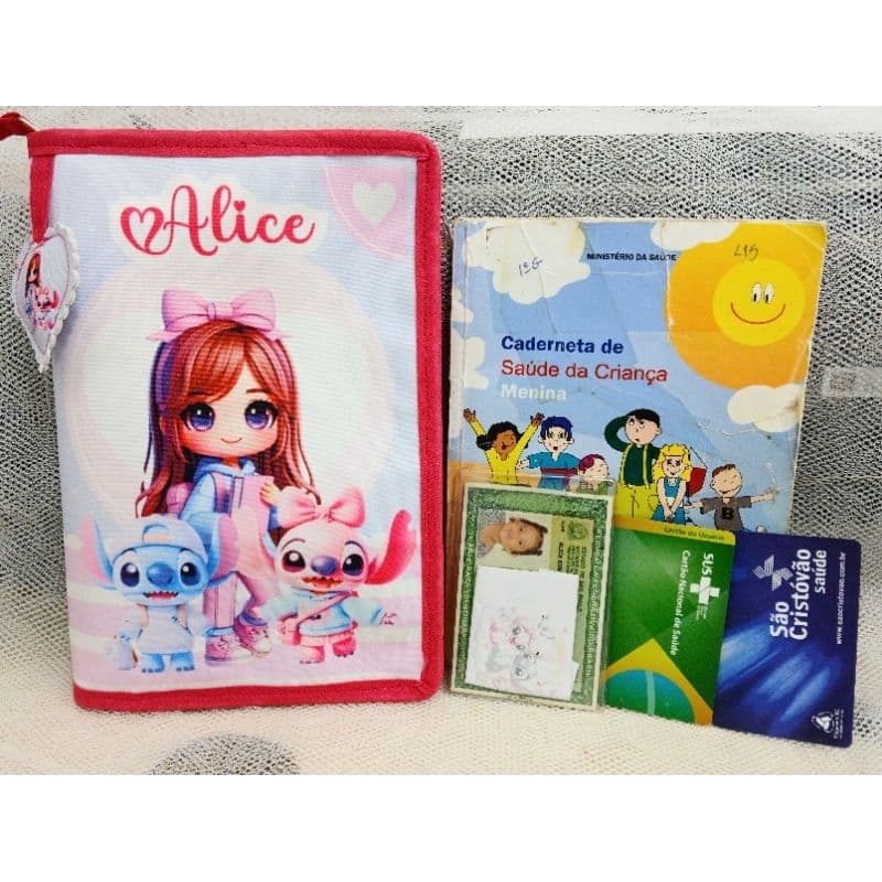 Porta documentos infantil Capa para Caderneta de Vacina IMPERMEÁVEL COM ZÍPER PERSONALIZADA Stitch