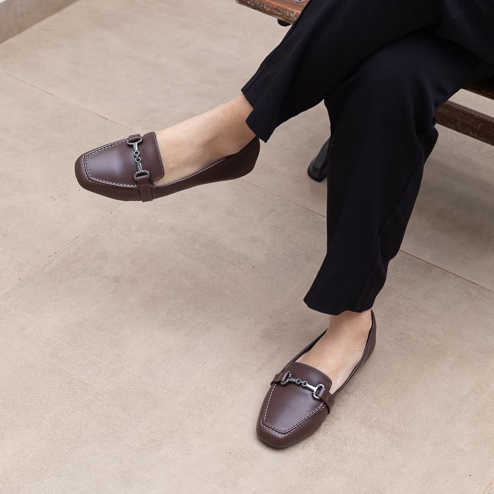 Sapato Mocassim Feminino Bico Quadrado Marrom Cafe Mocca Mouse Elegancia  Sapatilha Social Maricotta