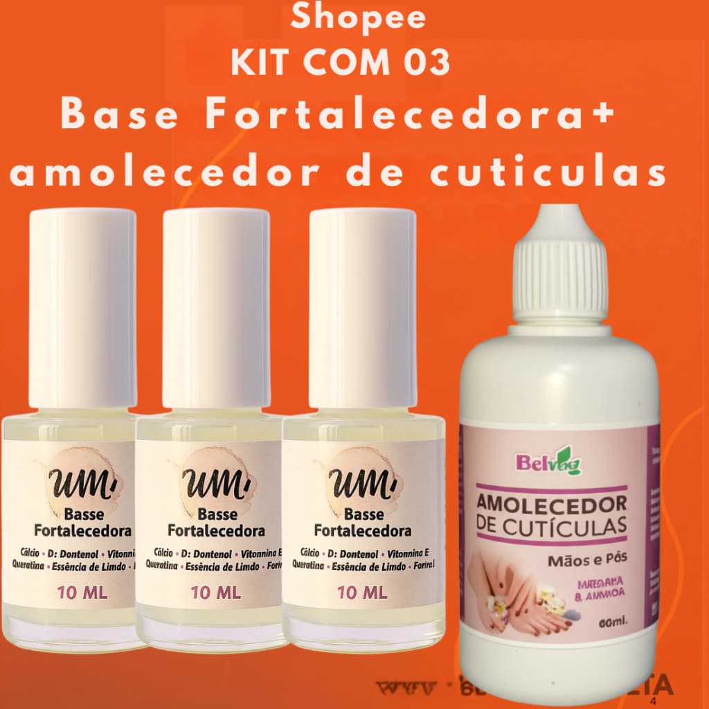 kit 03 Base Fortalecedora WM + Amolecedor de Cutícula Manicure Salão Ótima Qualidade