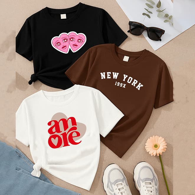 Kit 3 Blusas Femininas Amore Coração New York Estampas Variadas T-Shirt Envio Imediato