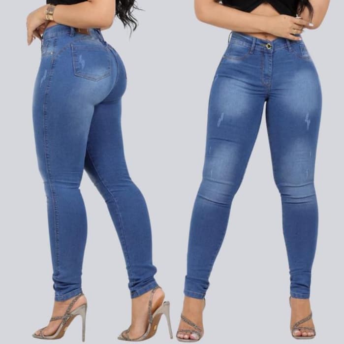 Calça Jeans Skinny Feminina Com Lycra Modelagem Empina Bumbum Cintura Alta