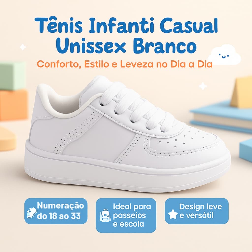 Tênis Infantil Branco para Meninos e Meninas – Ideal para o Dia a Dia, Tamanhos 18-33