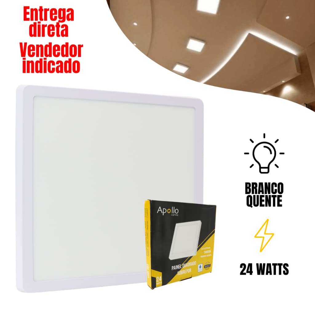 Painel Plafon Led 24w Branco Quente 3000k Sobrepor Quadrado 28x28 cm Bivolt Luminária Gesso Interior