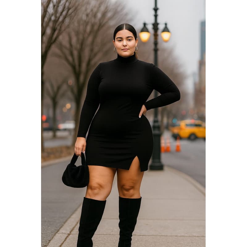 Vestido Zero Transparência Curto Gola Alta Fenda Manga Longa Suplex Confortável Plus Size Elegante