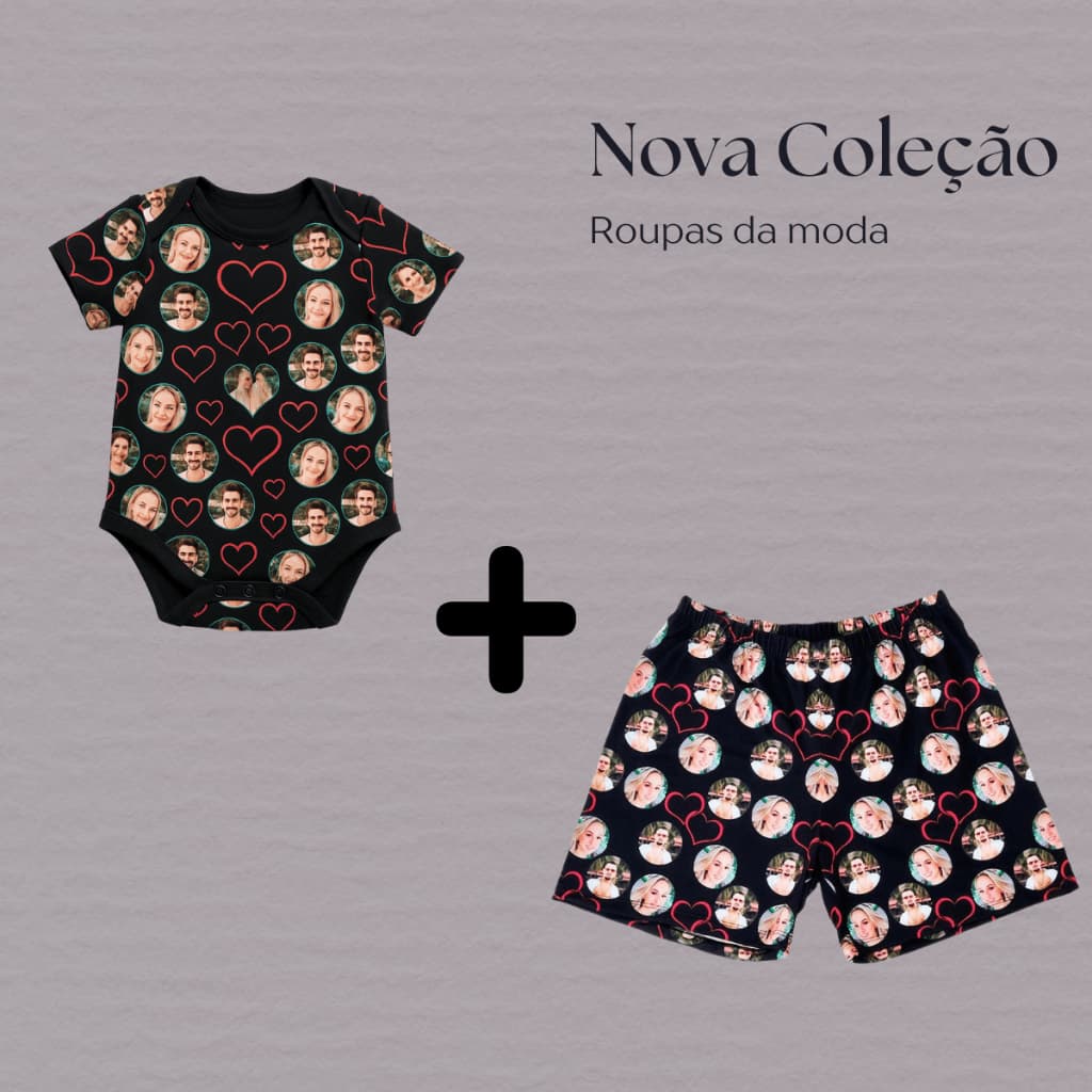 Body Infantil + Short masculino Personalizado Com Foto Confortável Dormir Preto