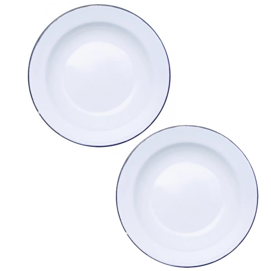Kit com 2 Pratos Esmaltados Rústicos Para Cozinha Retrô 22cm Branco Com Borda Azul - 2 Unidades