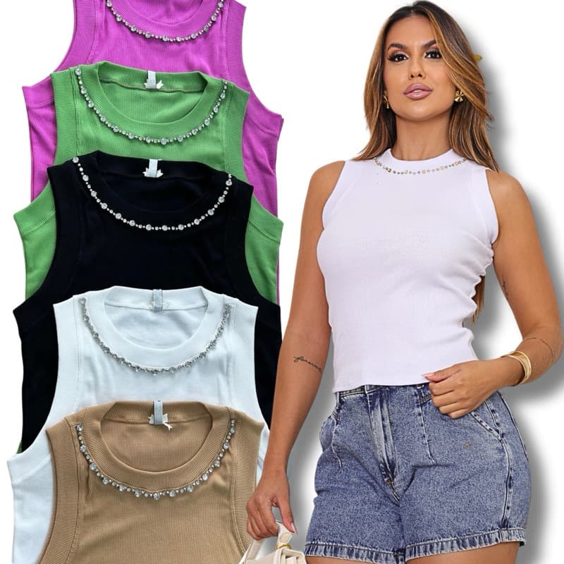 Regata Feminina Com Bordado Manual Linda Chique Blusa Camiseta Estilosa