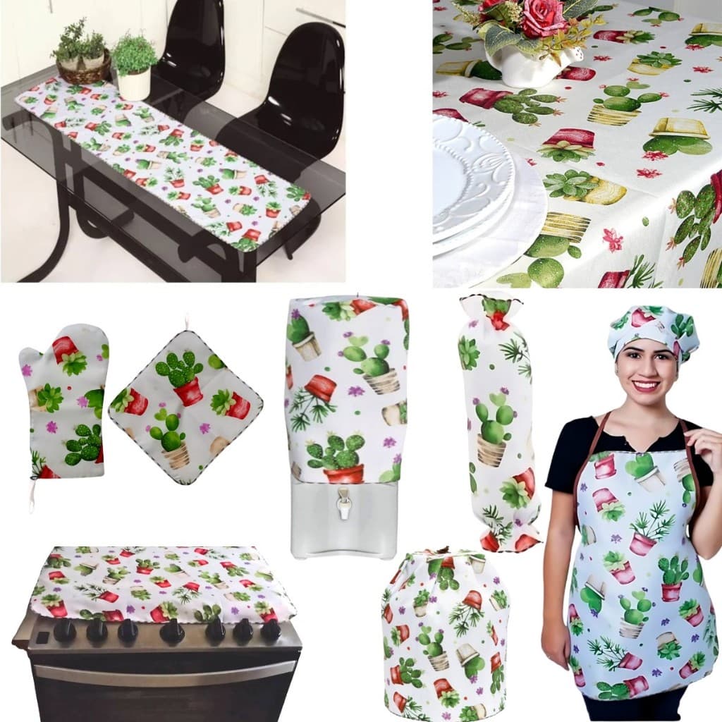 Jogo de Cozinha Estampado Cacto Oxford Enxoval de Cozinha
