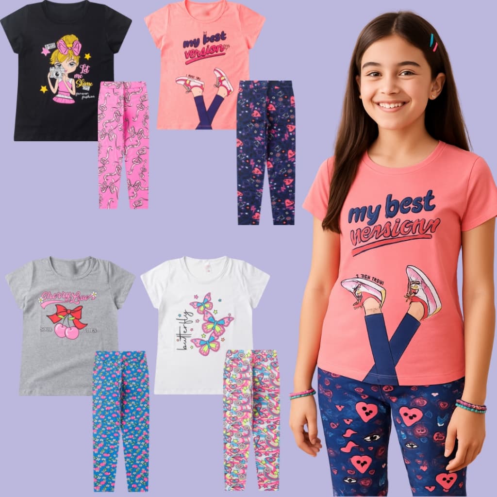 Kit Infantil 8 Peças Calça Legging e Camiseta Conjunto Verão Infantil Menina Juvenil Blogueirinha
