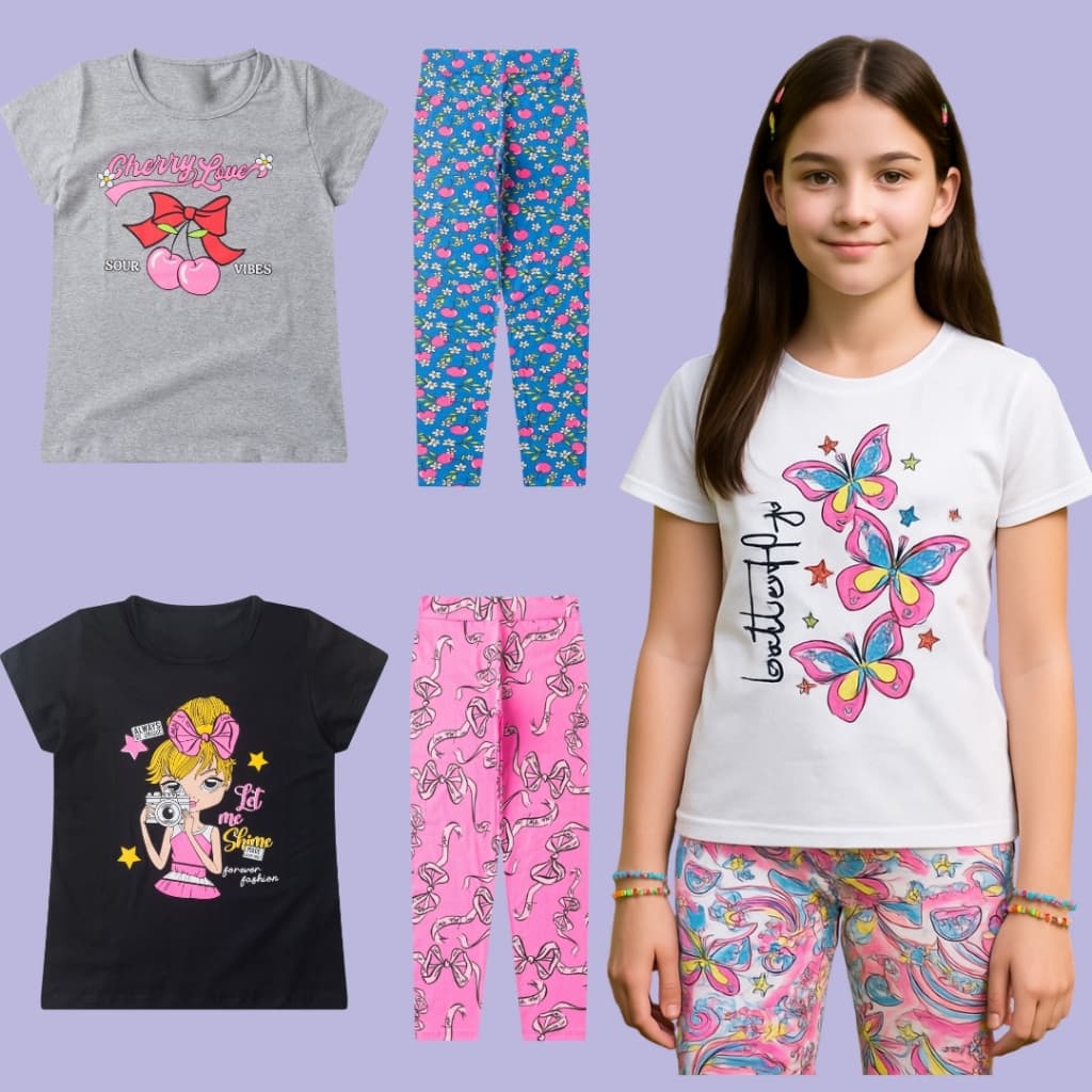 Kit 4 Peças Conjunto Infantil Menina Juvenil Verão Sortido Calça Legging e Blusa Algodão 10 ao 16