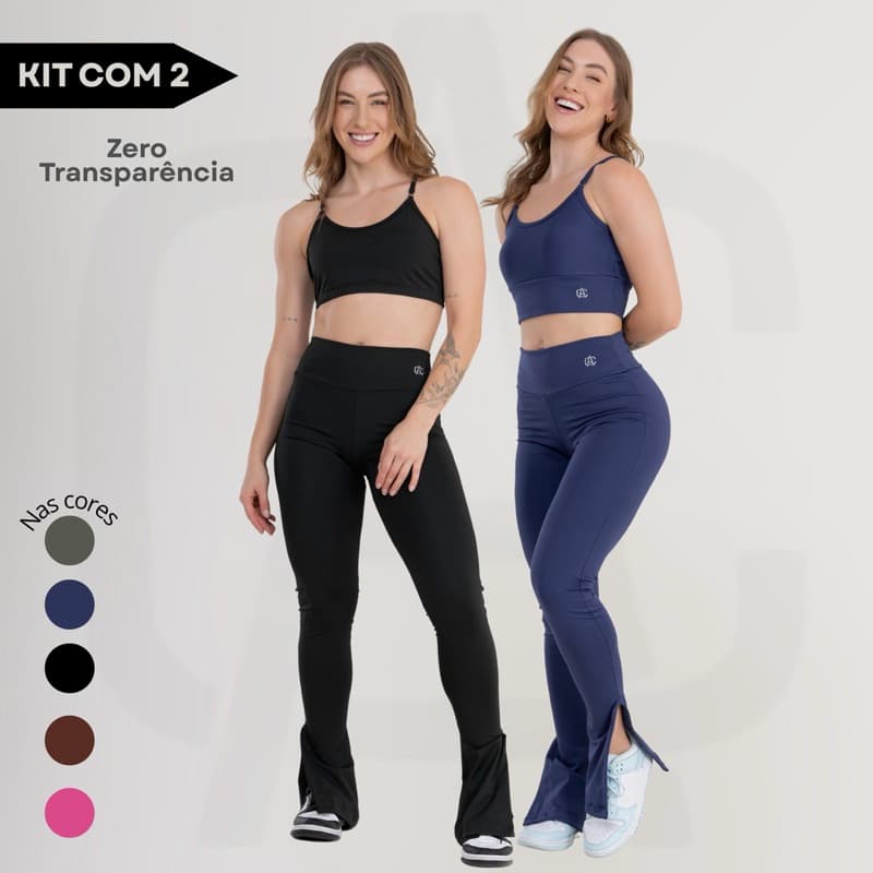 Kit 2 Conjuntos Fitness Top Cropped Com Calça Flare Abertura Na Barra