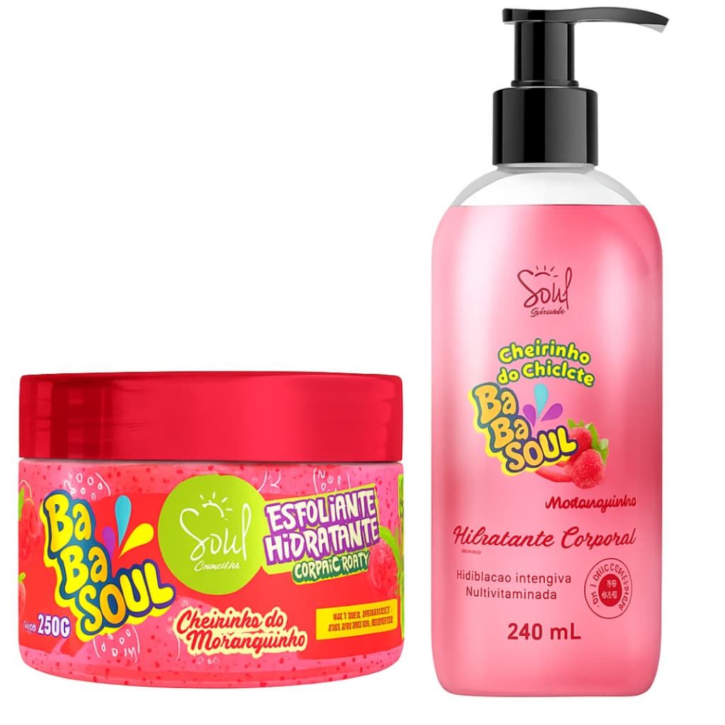 Kit Hidratante Corporal 240ml + Esfoliante Facial 250g Babasoul – Fragrância Morango, Tutti fruit, melancia