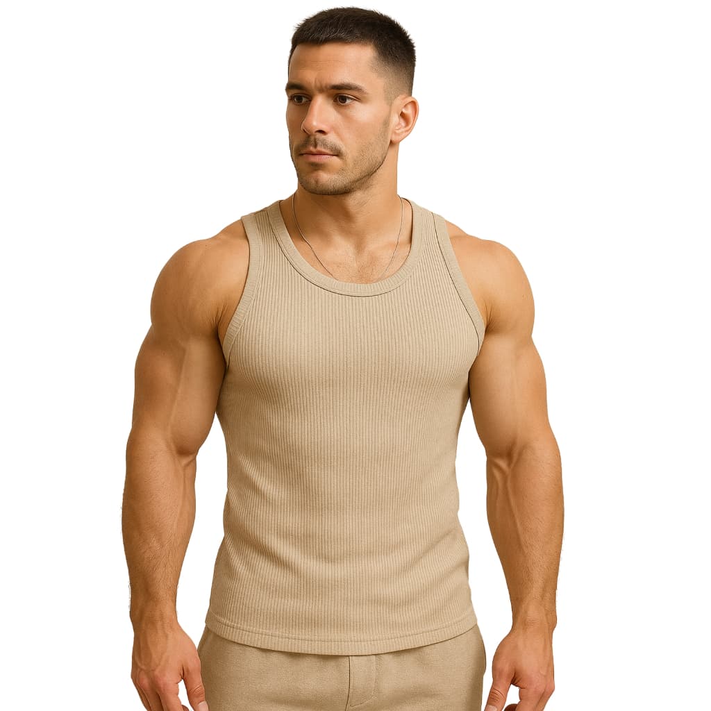 Camiseta Regata Canelada Masculina Bicolor Nude Bege