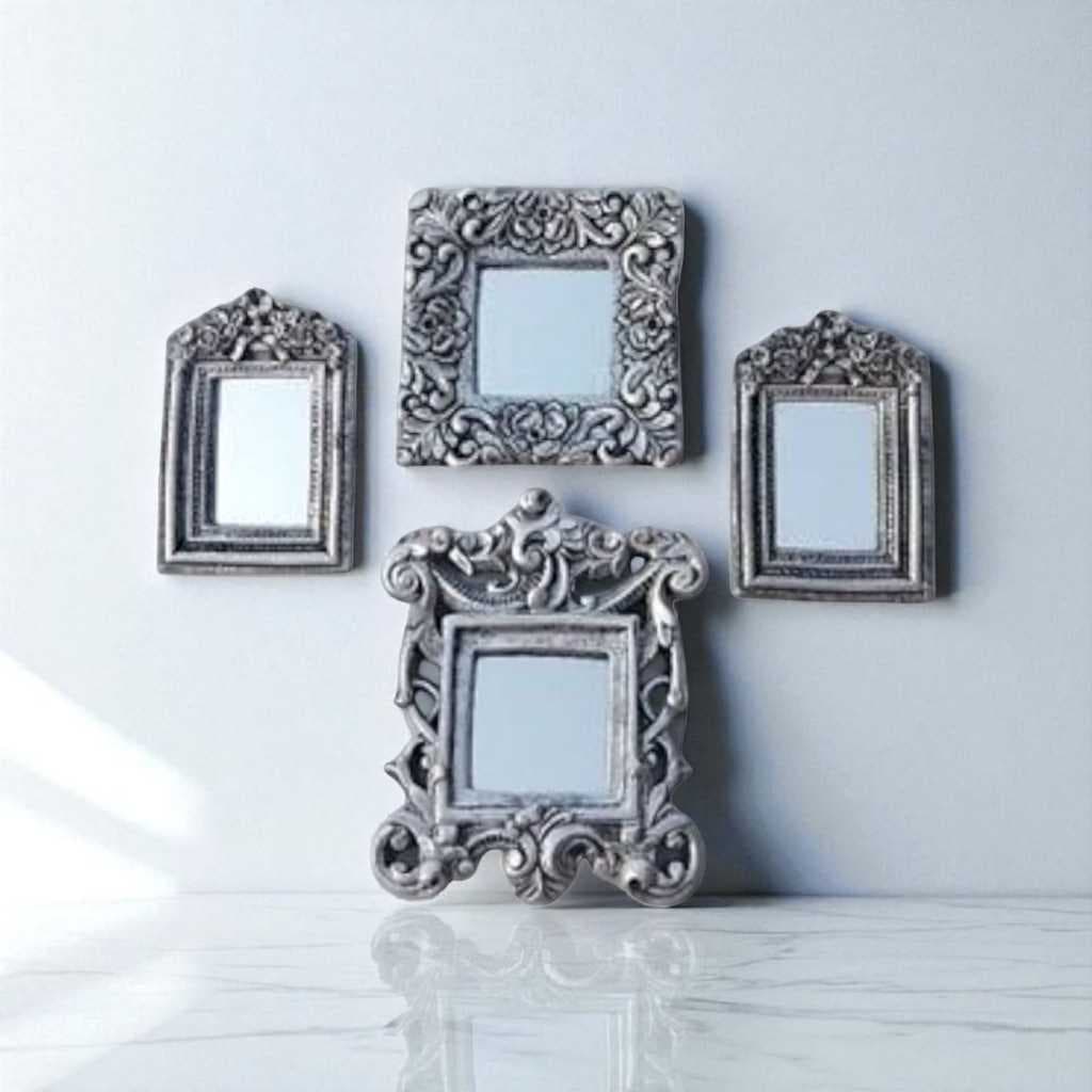 Kit com 4 Espelhos Decorativos na Versão Prata Envelhecido, Decoração Moderna