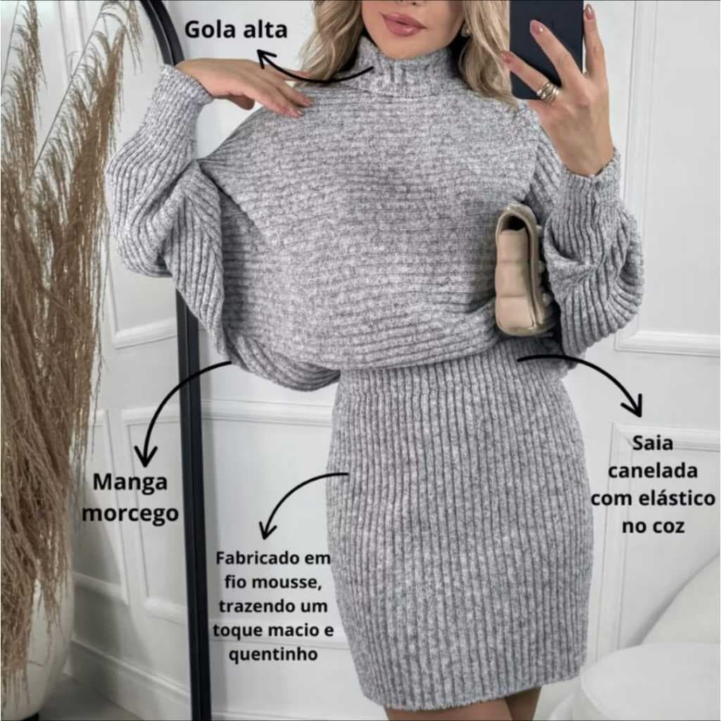 Conjunto Feminino Tricot Mousse Saia Curta e Blusa Gola Alta Elegante Manga Longa Inverno Moda 2026