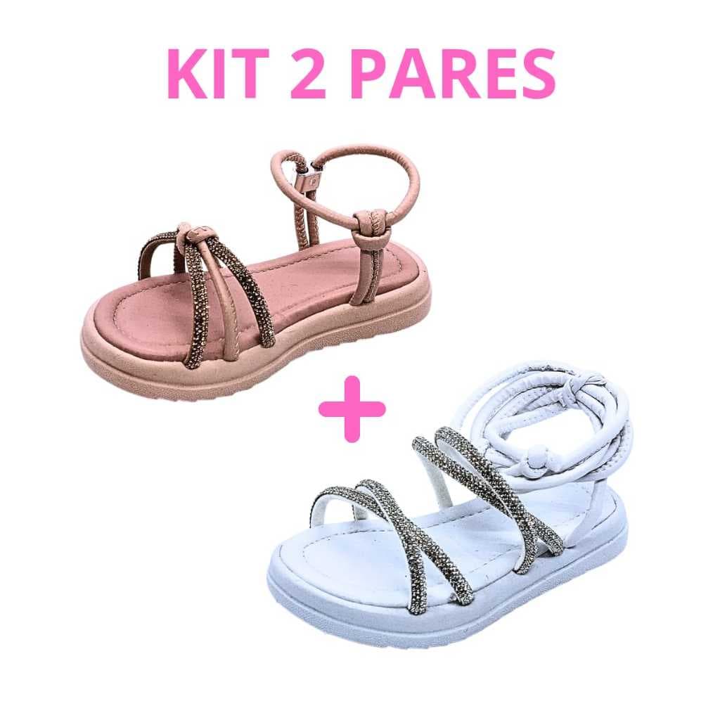 Kit 2 Pares Sandália Feminina Menina Infantil  Ajustável de Nude e 4 tiras de Strass Branca