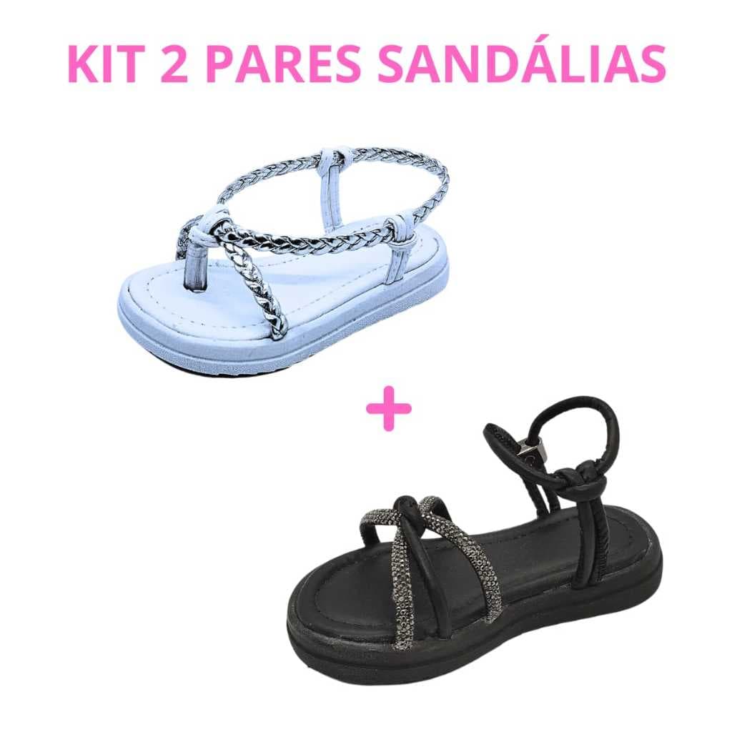 Kit 2 Pares Sandália Feminina Menina Infantil Preta Nolzinho e Branca Chinelo