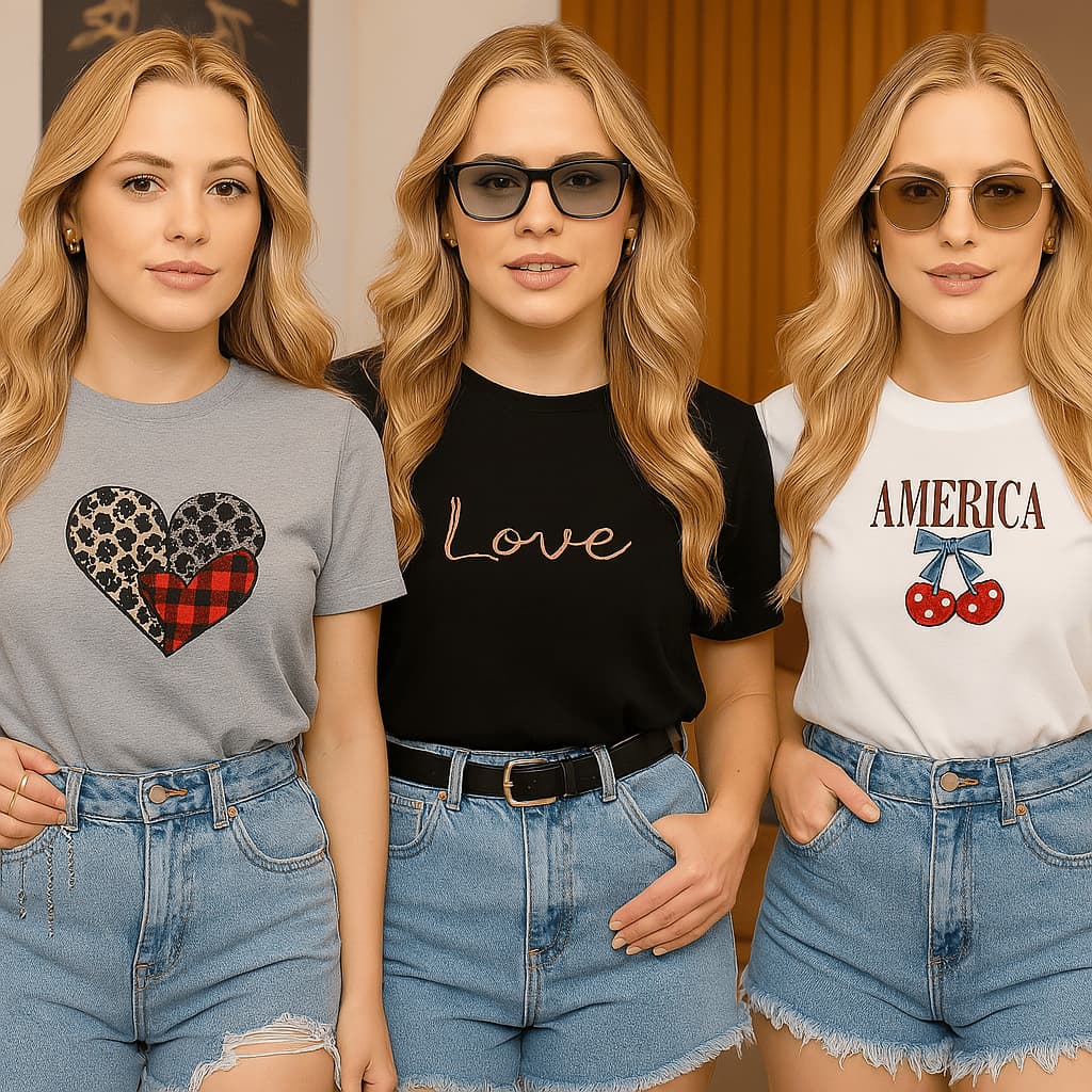 Kit 3Camiseta Algodão Adulto, Infantil Plus Size Coração Love America Streetwear Moda Premium