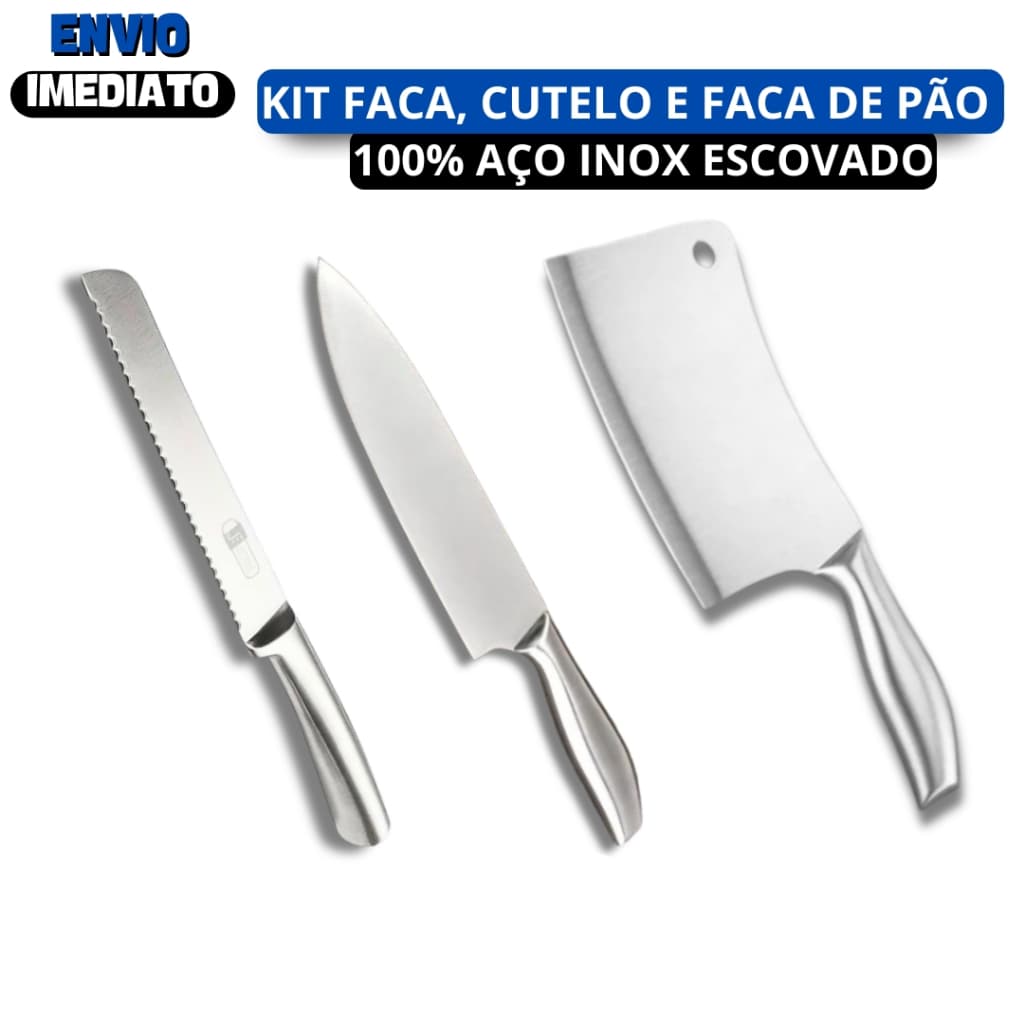 Kit Faca de Chef + Cutelo Afiados + Faca de Pão Aço Escovado Brilhante Sem Riscos Para Cozinha