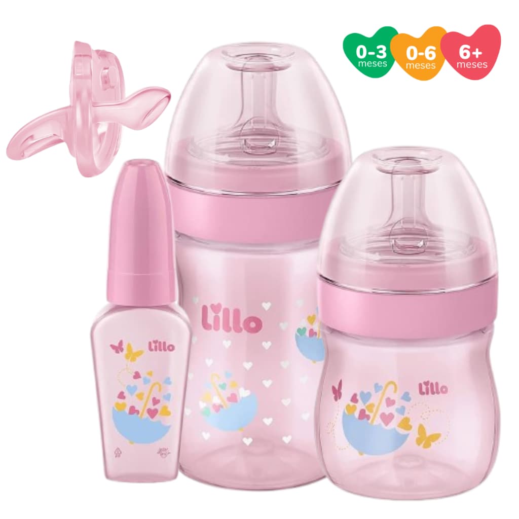 Kit Mamadeiras Menina Lillo Bico Reto com Chuquinha e Chupeta Ortodôntica 0-6 meses 100% Silicone