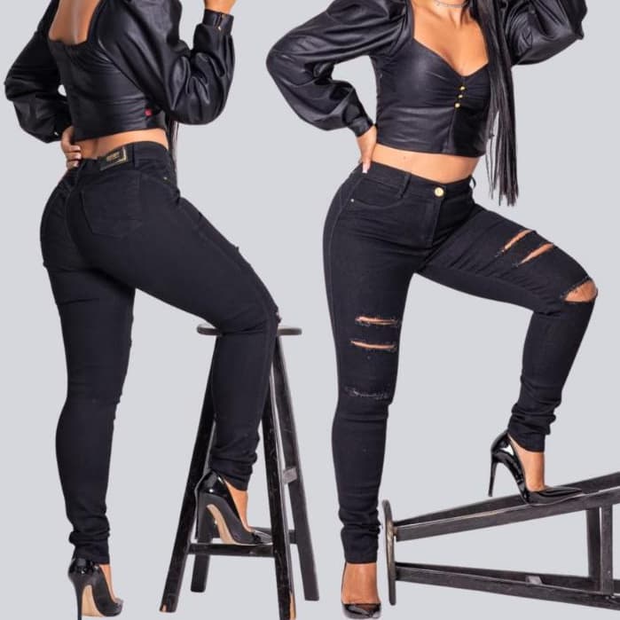 Calça Skinny Jeans feminina Preta Rasgada Com Lycra Modelagem Empina Bumbum Cintura Alta