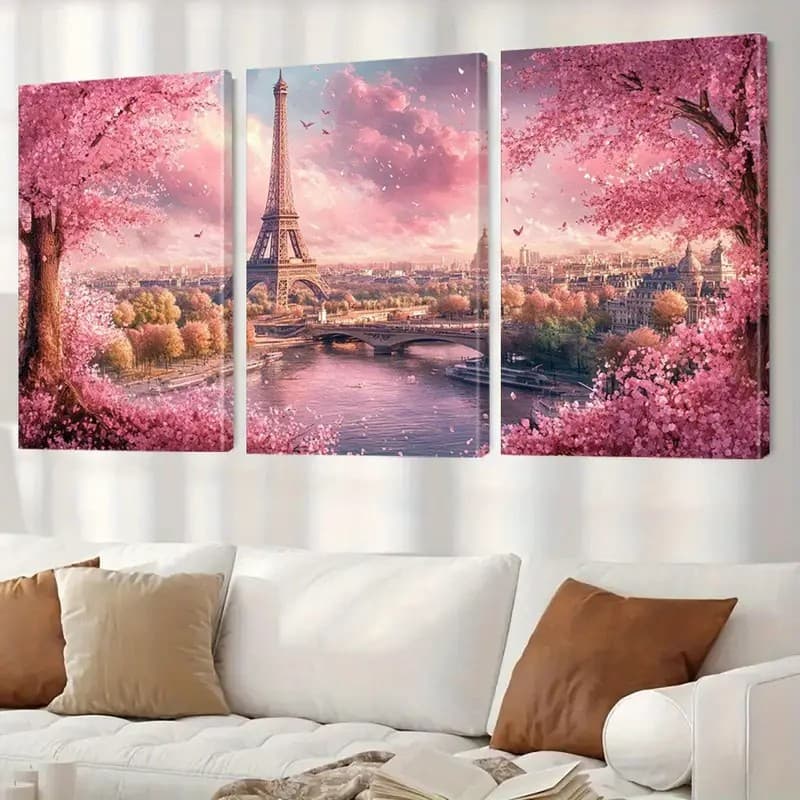 Quadro Decorativo Torre Eiffel Paris Flores Cerejeira Rosa Quarto Sala Escritório