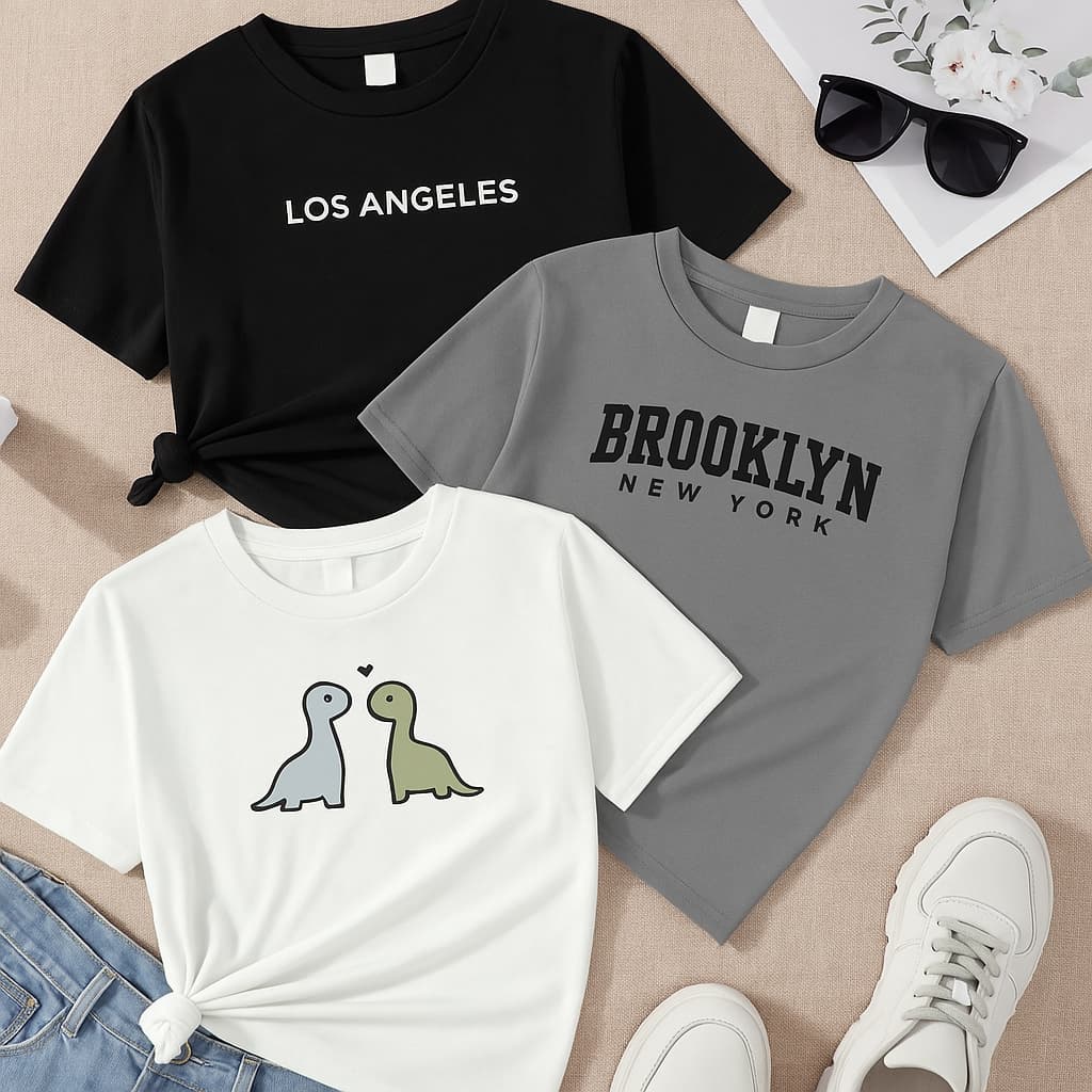 Kit 3 blusinha Camiseta Algodão Adulto, Infantil Plus Size Los Angeles Brooklyn Dino Streetwear Moda