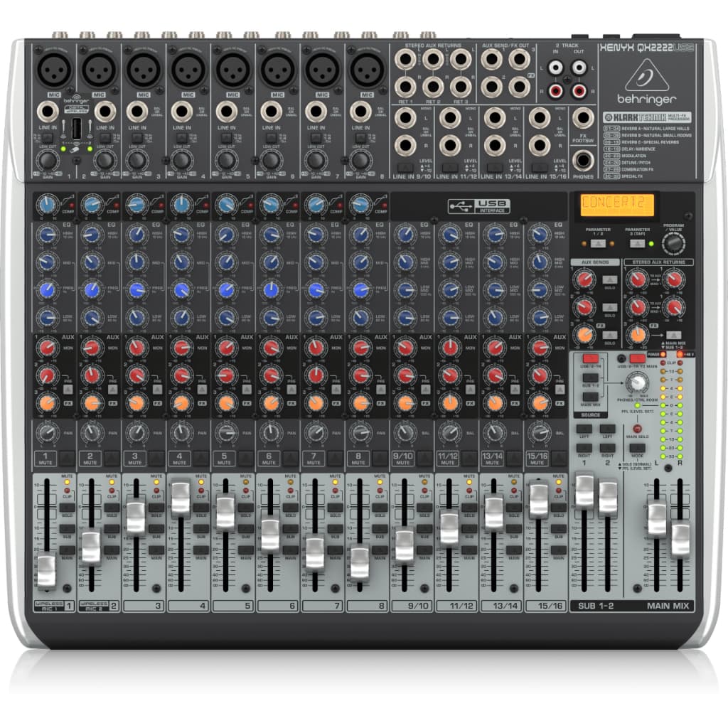 Mesa de Som Behringer QX2222USB 22 Entradas com 8 Preamps XENYX, Compressão One-Knob e FX Klark Teknik Integrados USB