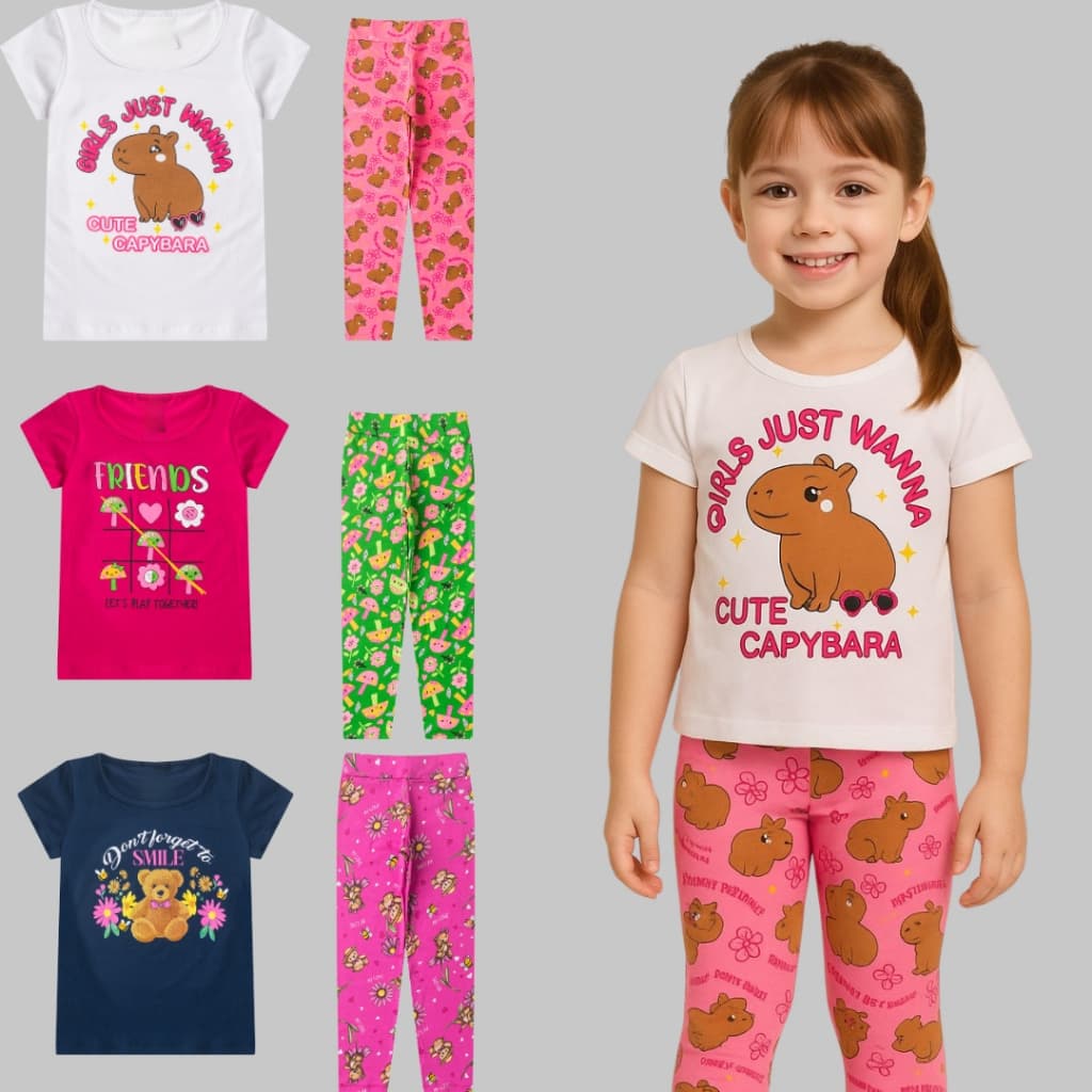 Kit 6 Peças Roupa Conjunto Infantil Menina Blogueirinha Calça e Blusa Feminino Bebe Atacado Capivara