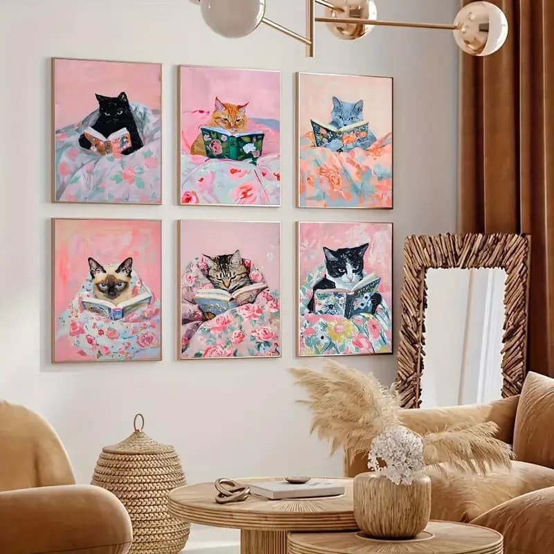 Kit Quadro Decorativo 6 Peças 20x30 Gato Moderno Amante Livros Quarto Sala Plaquinhas Decorativas